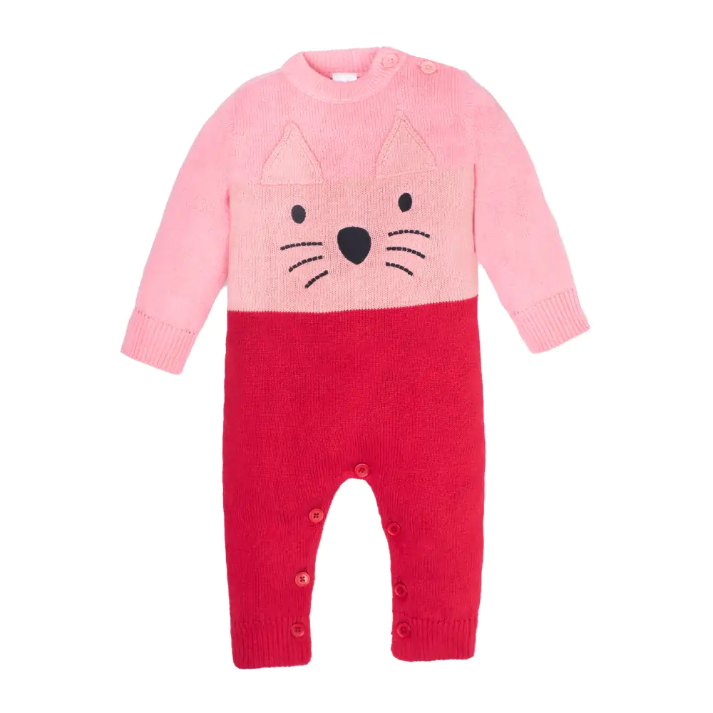 Mylo Baby Winter Wear Full Sleeves Romper/All-in-1 Suit in Heavy Gauge 100% Cotton– Pink & Red Meow (0-3 M)