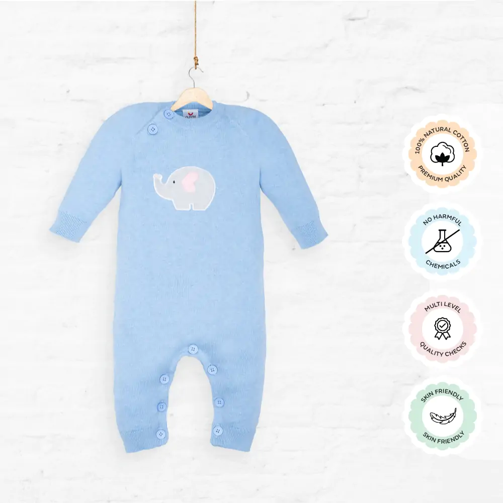 Mylo Baby Winter Wear Full Sleeves Romper /All-in-1 Suit in Fine Gauge 100% Cotton - Powder Blue Baby Elephant (0-3 M)