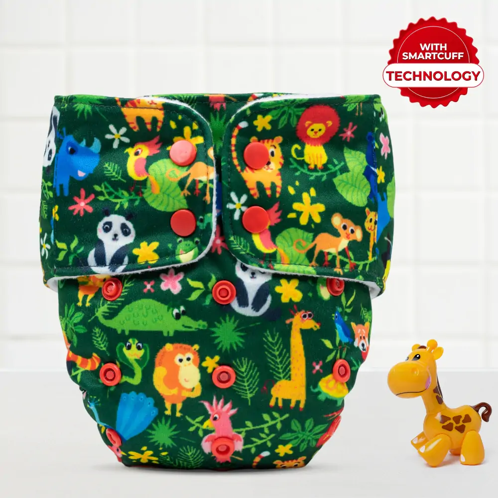 Mylo Adjustable Washable & Reusable Top lay Cloth Diaper with SmartCuff Technology for Enhanced Leak Protection-Comes with 1 Dry Feel Absorbent Insert Pad  (3M-3Y)- Jungle Safari