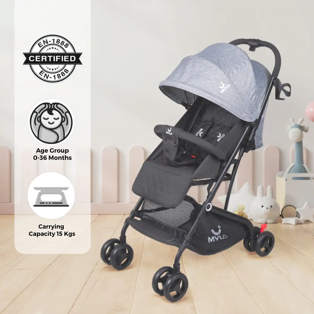 Mylo Essentials Riviera Ultra-Light Premium Stroller| Pram for Baby| 5 points Safety Harness, Compact Design, Easy to Carry, Easy to Fold| Multi position Reclining| ultra-light | New Born to 3 years | Black & Grey