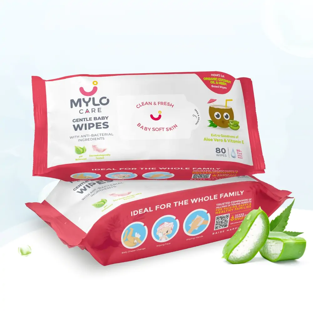 Gentle Baby Wipes with Organic Coconut Oil & Neem Without Lid (80 wipes x 2 packs)