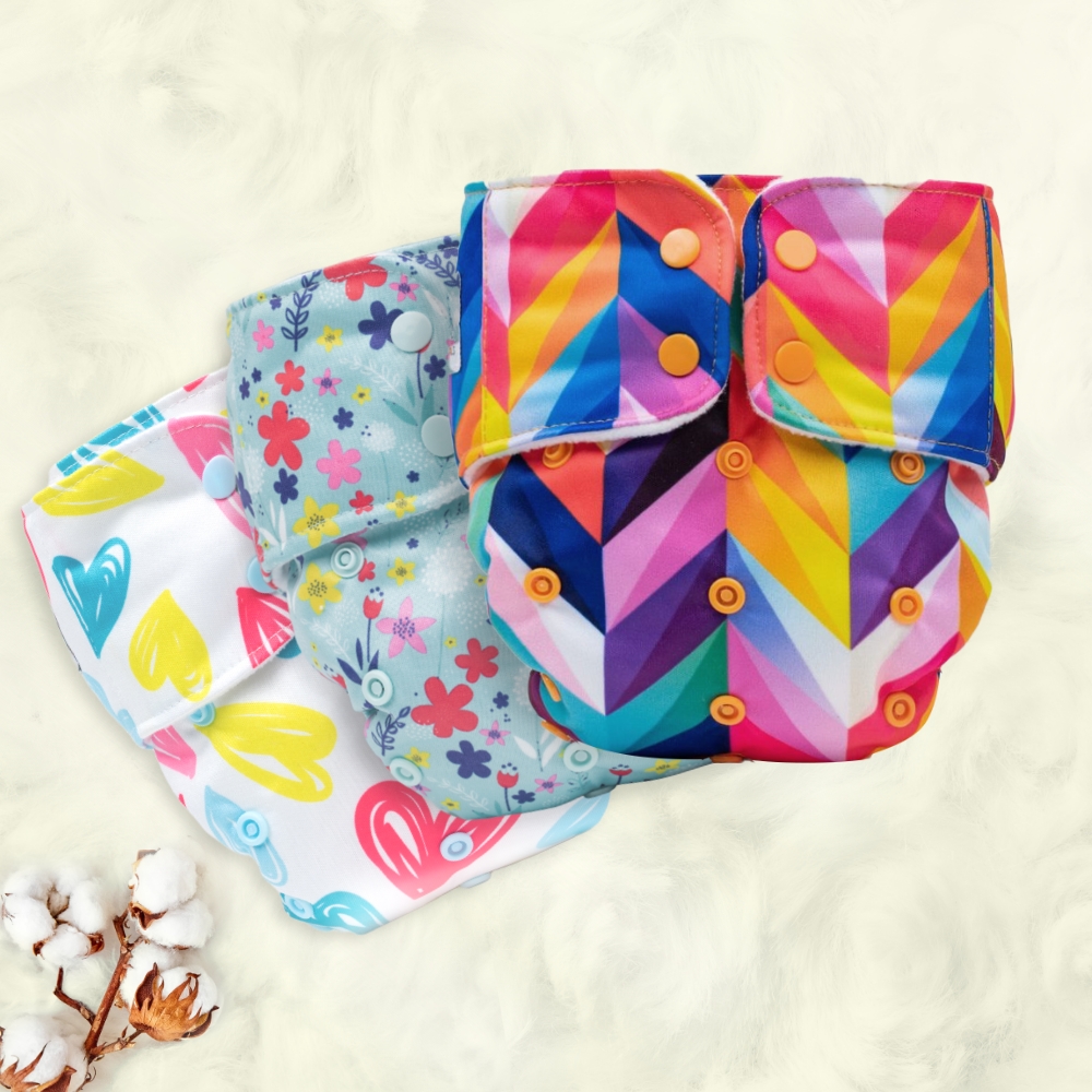 Adjustable Washable & Reusable Cloth Diaper With Dry Feel, Absorbent Insert Pad (3M-3Y) - Rainbow, Floral Spring & Heart Doodles - Pack of 3