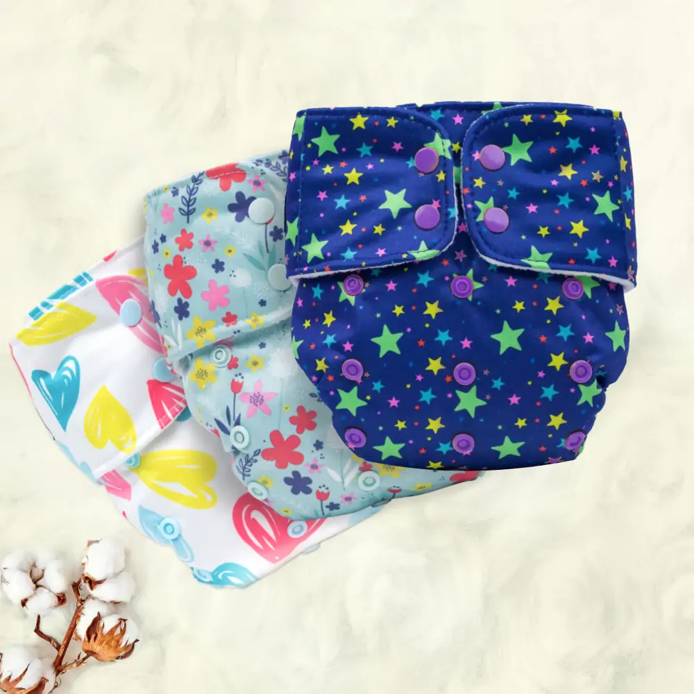 Adjustable Washable & Reusable Cloth Diaper With Dry Feel, Absorbent Insert Pad (3M-3Y) - Heart Doodles, Floral Spring & Twinkle Twinkle - Pack of 3