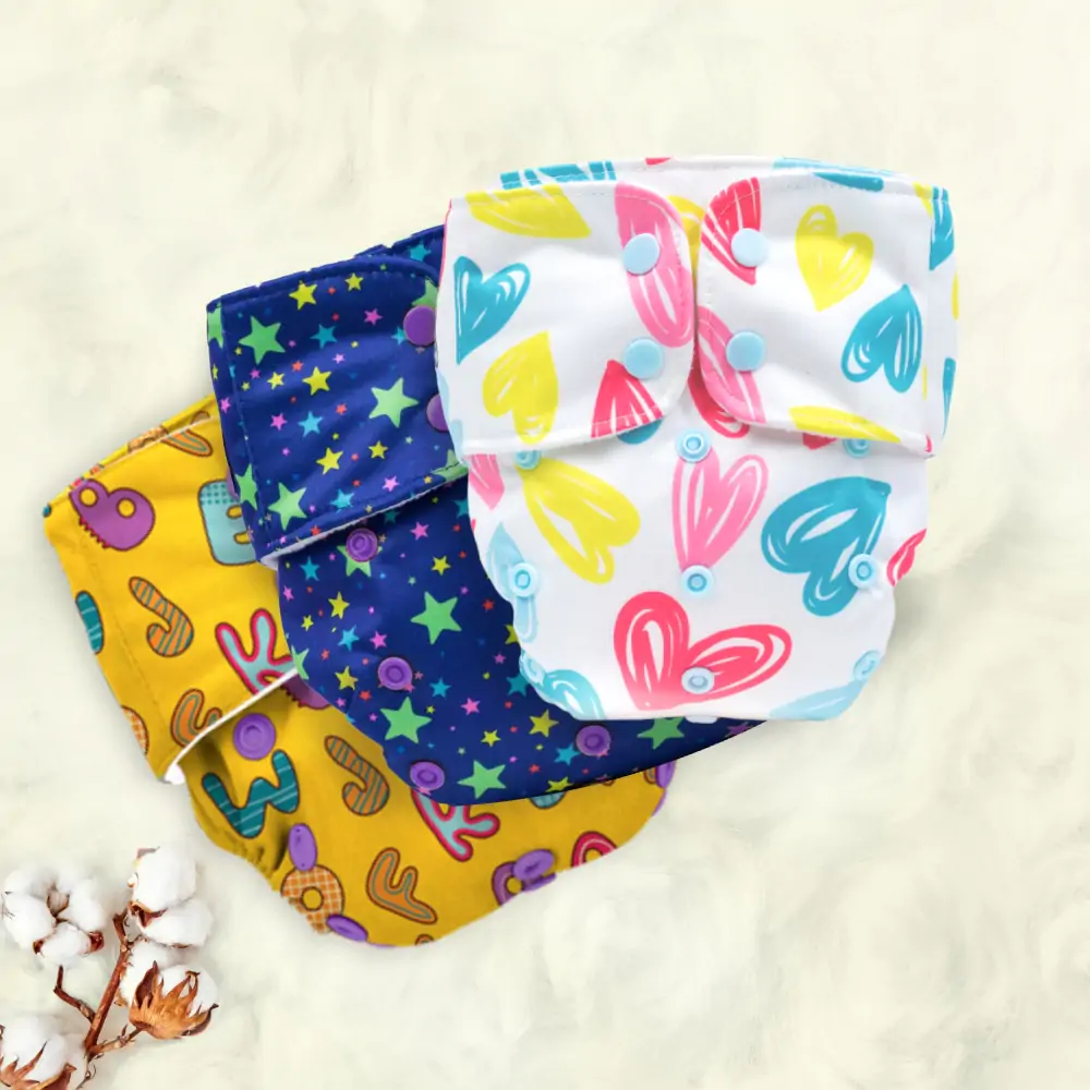 Adjustable Washable & Reusable Cloth Diaper With Dry Feel, Absorbent Insert Pad (3M-3Y) - Heart Doodles, ABC & Twinkle Twinkle - Pack of 3