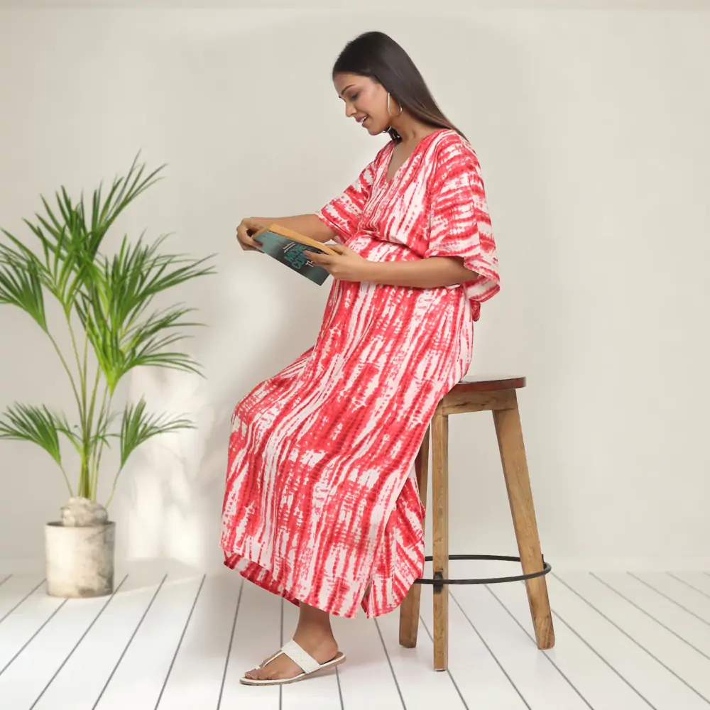 Pre & Post Maternity /Nursing Kaftan Maxi Dress cum Nighty with Zipper for Easy Feeding – Shibori Print -Fuchsia–M 