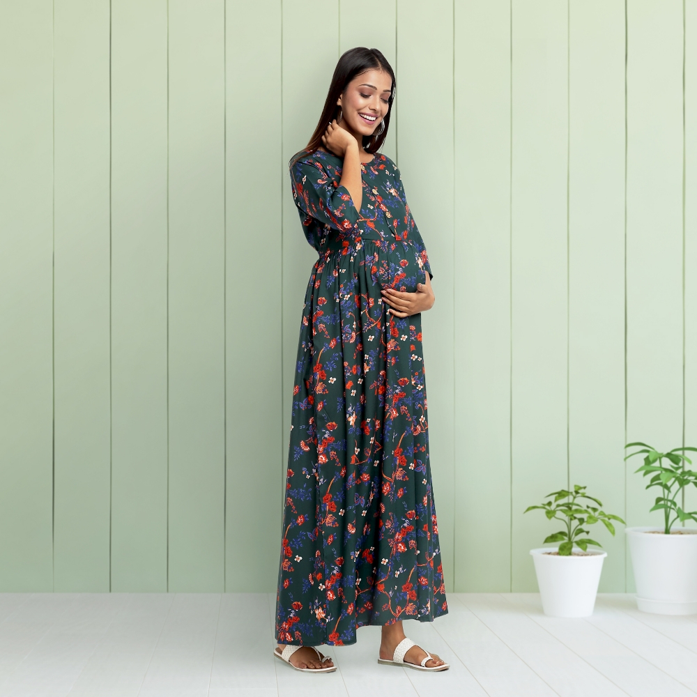 Pre & Post Maternity /Nursing Maxi Dress with both sides Zipper for Easy Feeding – Garden Flowers -Teal –L
