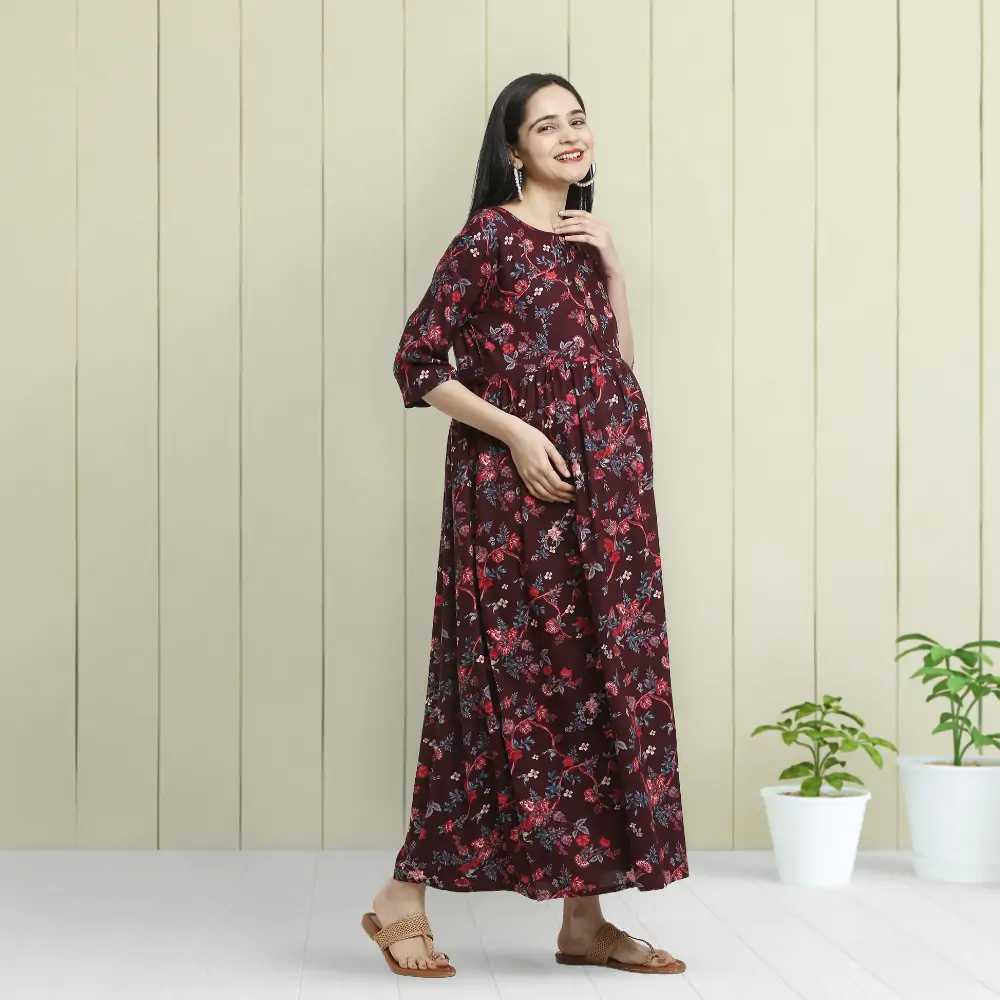 Pre & Post Maternity /Nursing Maxi Dress with both sides Zipper for Easy Feeding – Garden Flowers -Wine –XL