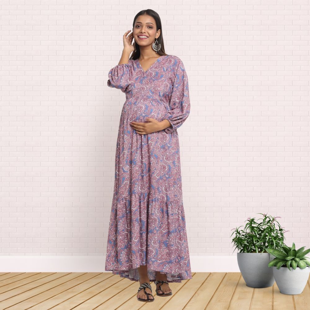 Pre & Post Maternity /Nursing Maxi Dress with both sides Zipper for Easy Feeding – Persian Paisley Blue–M 