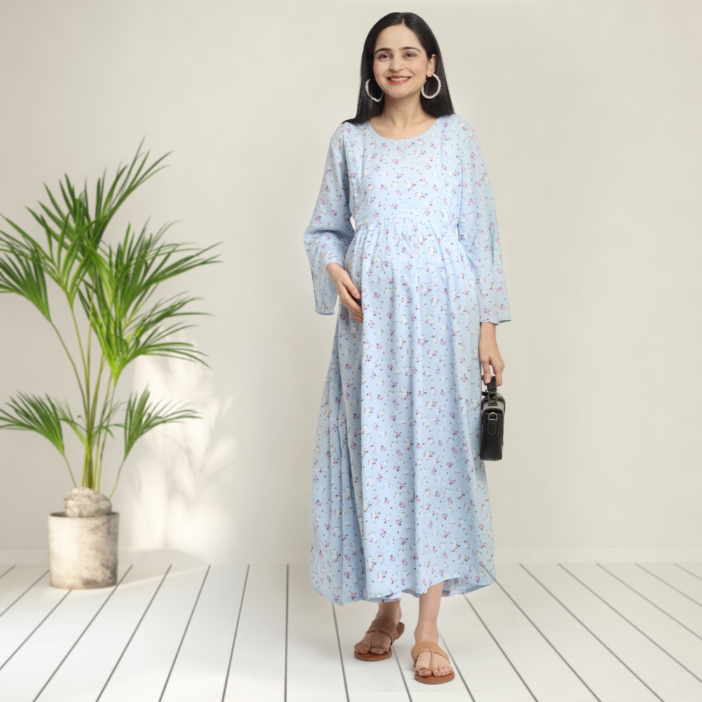 Pre & Post Maternity /Nursing Maxi Dress with both sides Zipper for