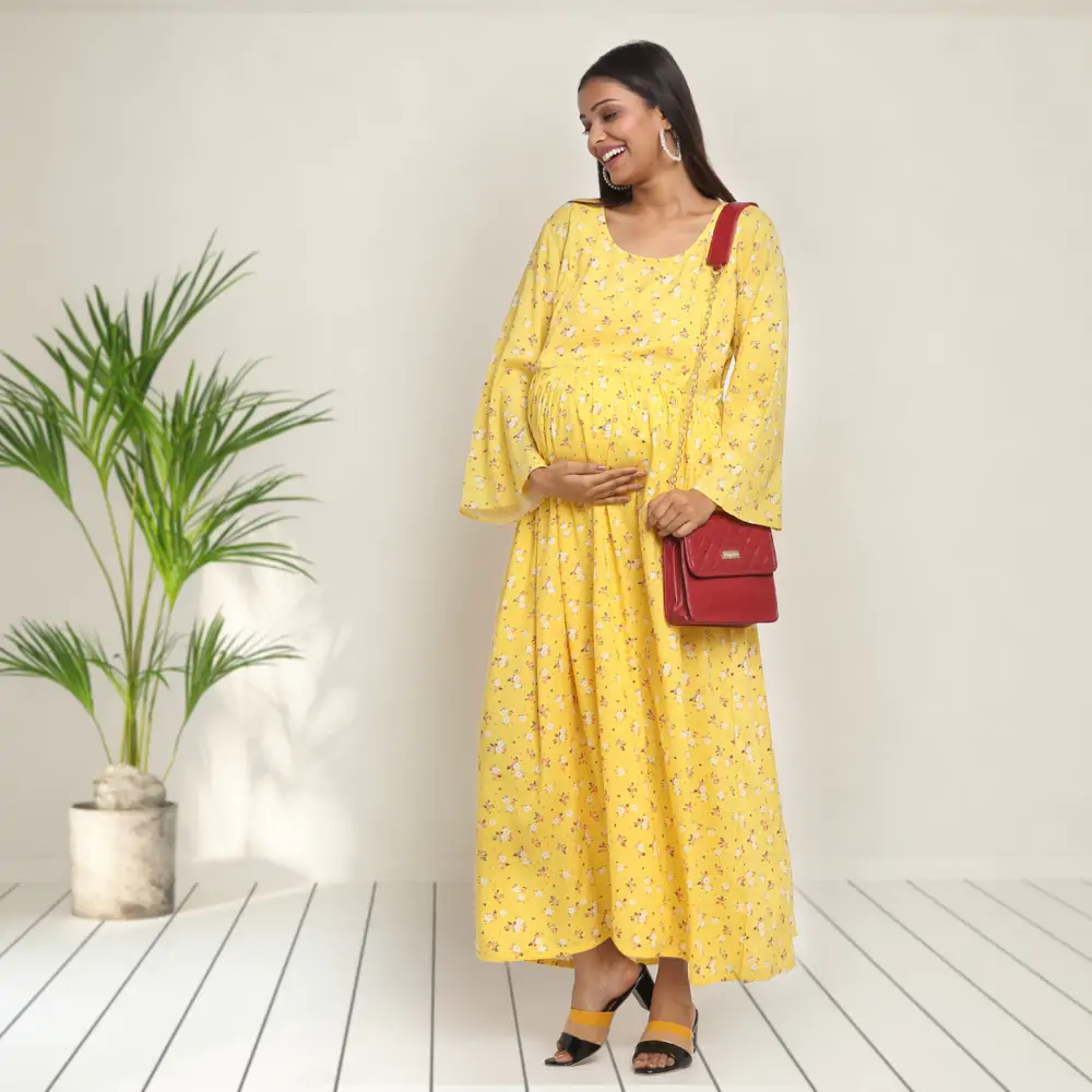 Pre & Post Maternity /Nursing Maxi Dress with both sides Zipper for Easy Feeding – Mustard Ditsy Daisy –L