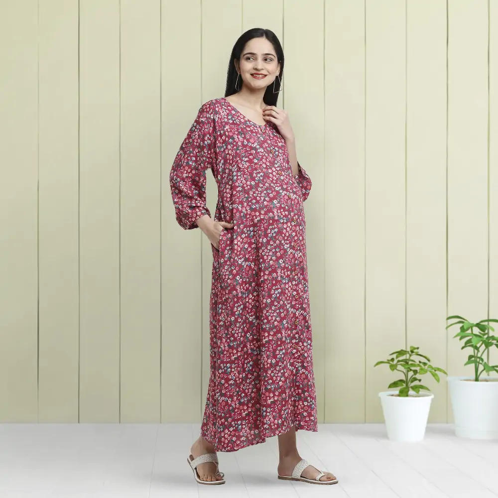 Pre & Post Maternity /Nursing Maxi Dress cum Kurti with both sides Zipper for Easy Feeding – Miami Wine –M
