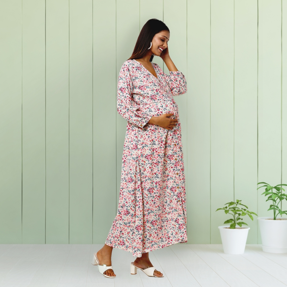 Pre & Post Maternity /Nursing Maxi Dress cum Kurti with both sides Zipper for Easy Feeding – Miami Cream–XL
