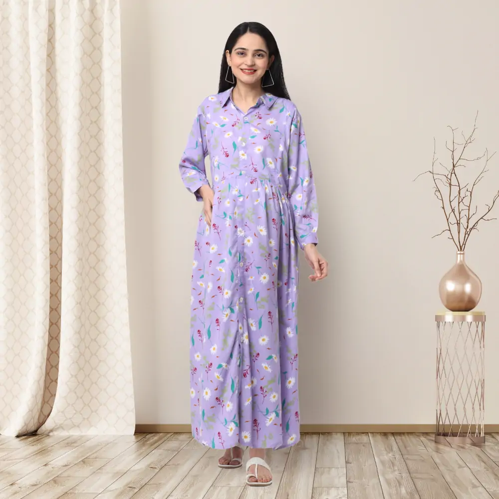 Pre & Post Maternity /Nursing Long Cuff Sleeves Shirt Collar Maxi Dress