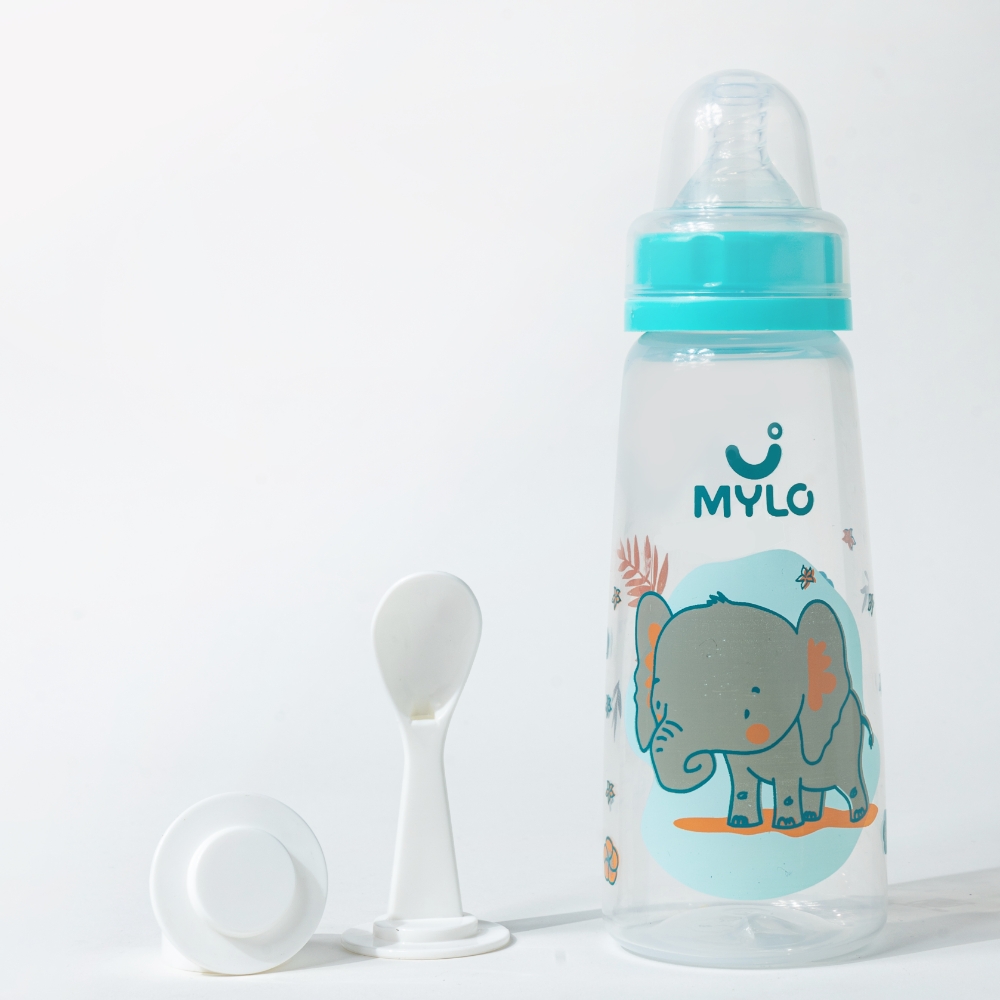2-in-1 Baby Feeding Bottle –250ml - BPA Free with Anti-Colic Nipple & Spoon (Elephant)