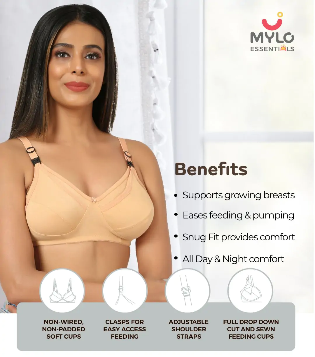 Mylo Essentials Maternity/Nursing/Feeding Bras Non-Wired, Non-Padded,  Cotton Blend Breathable Fabric - Pack of 3 with 1Free Bra Extender