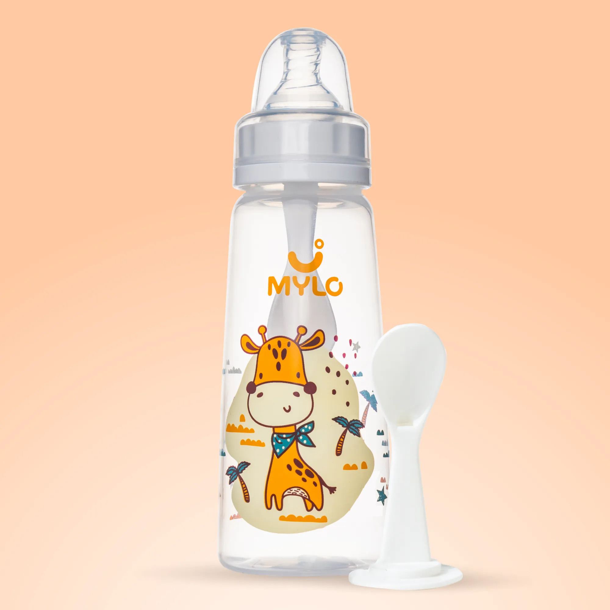 2-in-1 Baby Feeding Bottle | BPA Free with Anti-Colic Nipple & Spoon | Feels Natural Baby Bottle | Easy Flow Neck Design - Giraffe 250ml