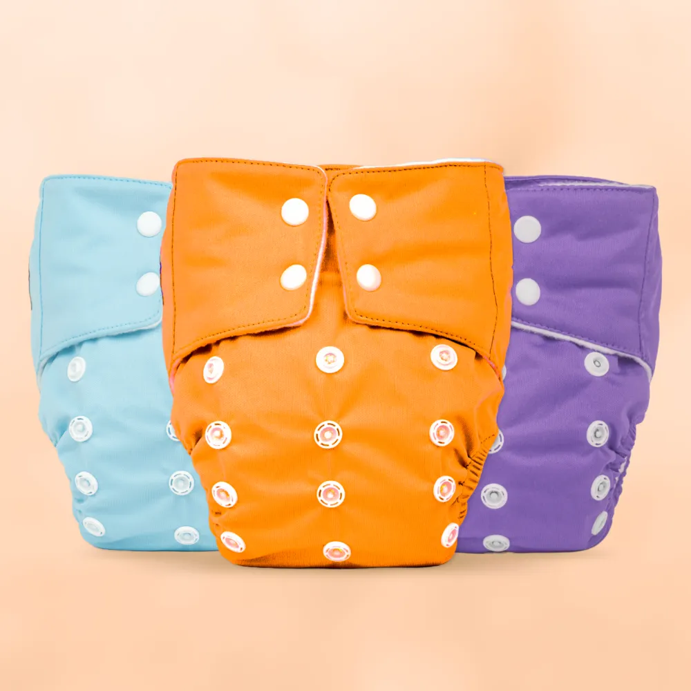 Adjustable Washable & Reusable Cloth Diaper With Dry Feel, Absorbent Insert Pad (3M-3Y) | Oeko-Tex Certified - Blue, Orange & Purple - Pack of 3
