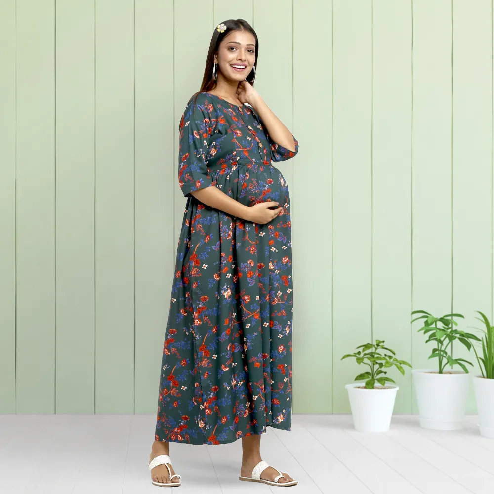 Maternity Dresses For Women with Both Side Zipper For Easy Feeding | Adjustable Belt for Growing Belly | Maxi Dress | Garden Flowers - Teal | M