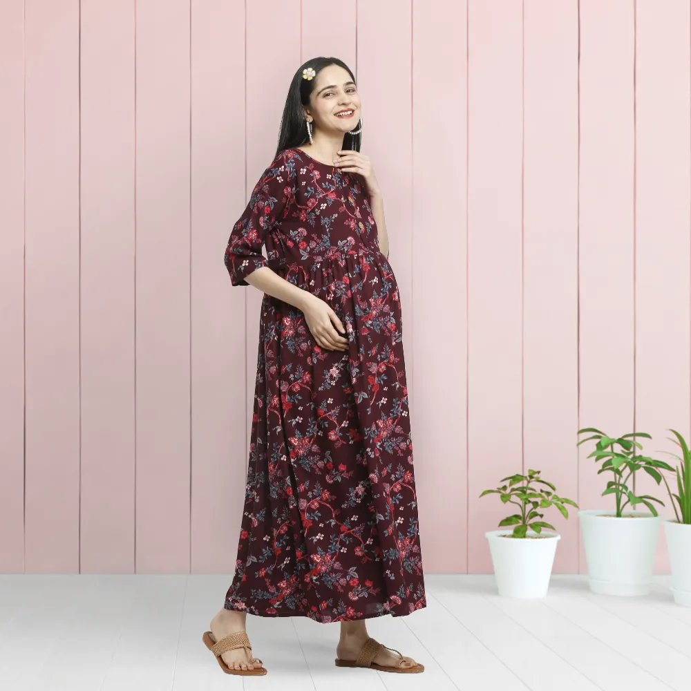 Pre & Post Maternity /Nursing Garden Flowers Maxi Dress with both sides Zipper for Easy Feeding - Wine-M 