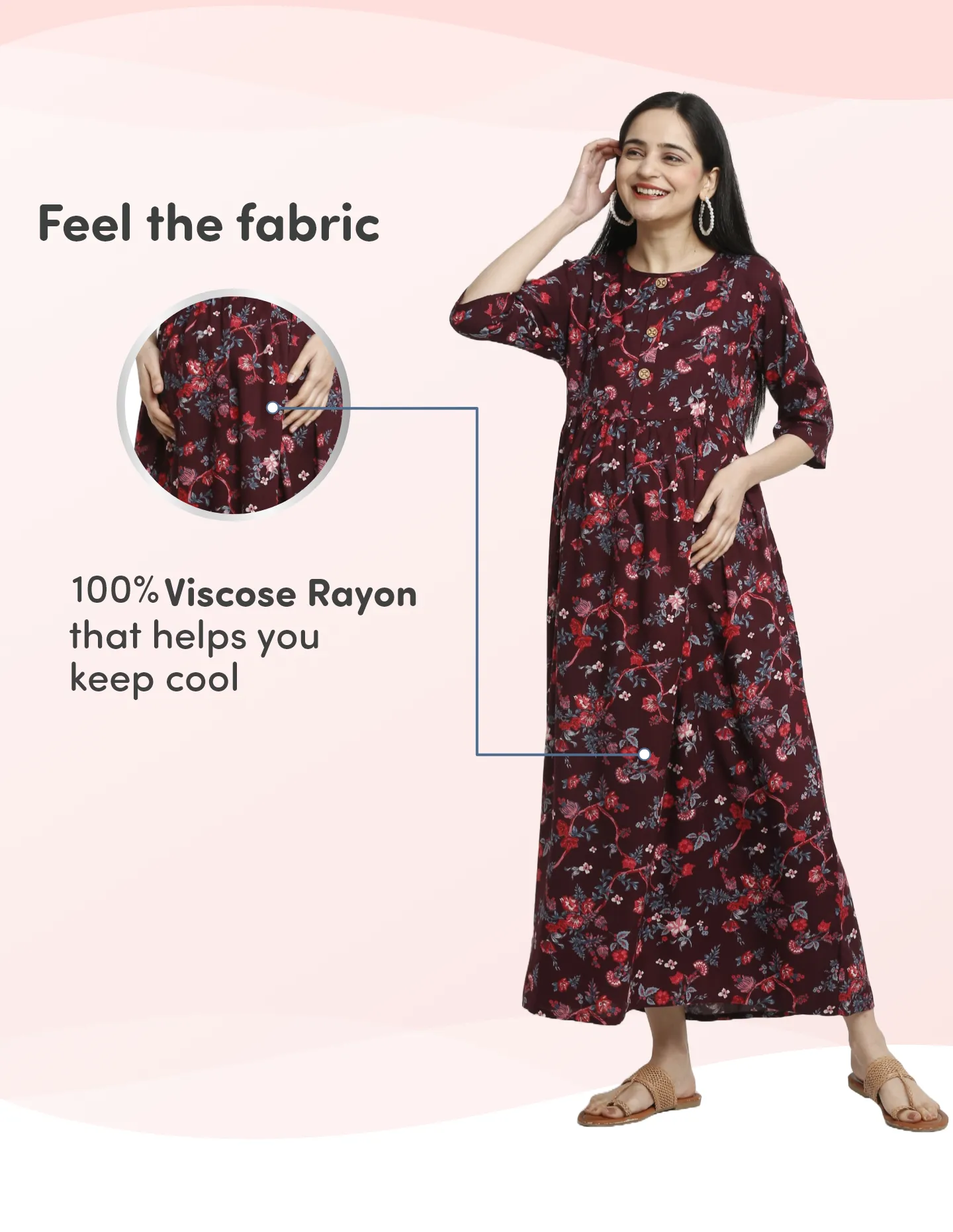 Pre & Post Maternity /Nursing Maxi Dress with both sides Zipper for Easy Feeding – Garden Flowers -Wine –XL