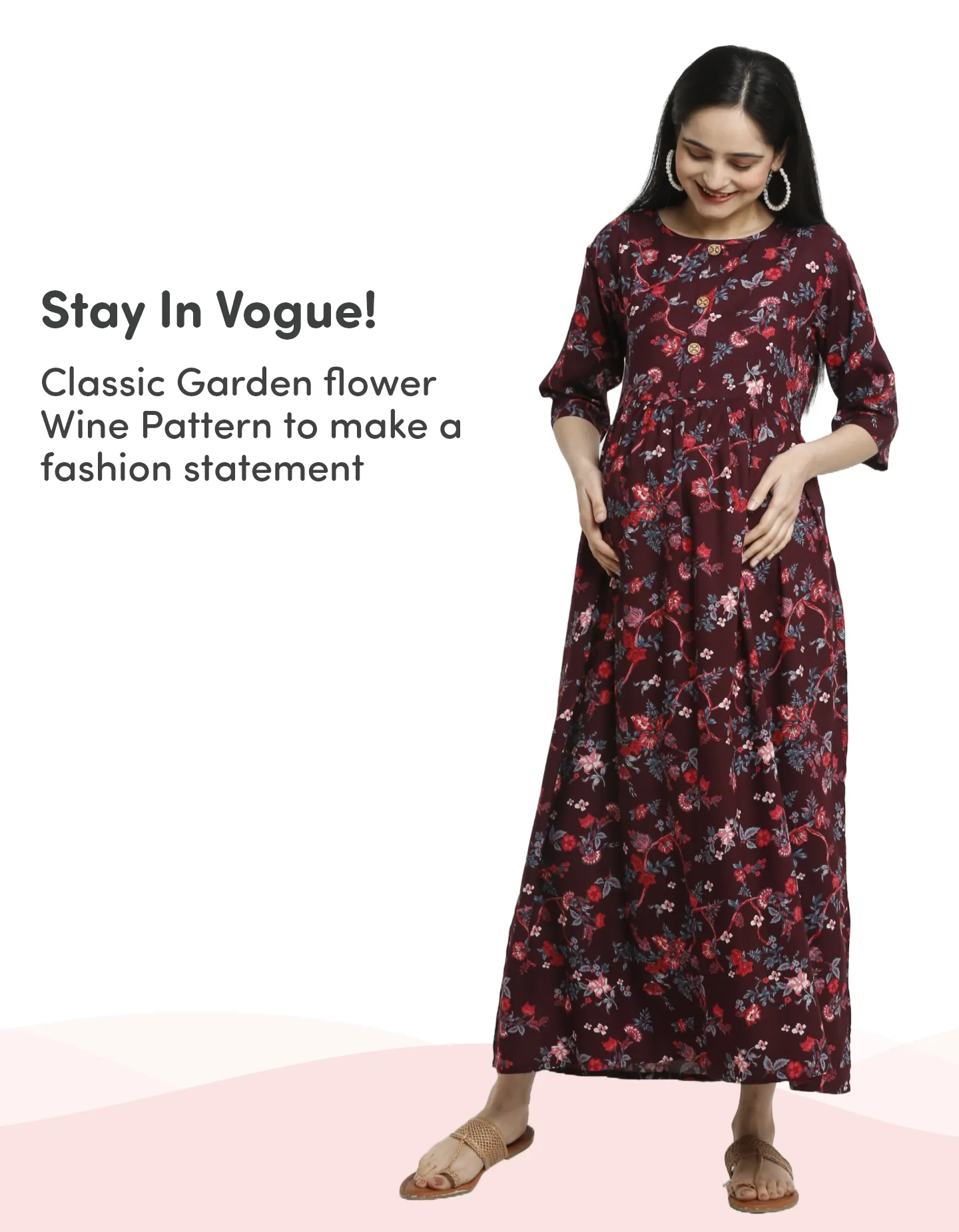 Pre & Post Maternity /Nursing Maxi Dress with both sides Zipper for Easy Feeding – Garden Flowers -Wine –XL