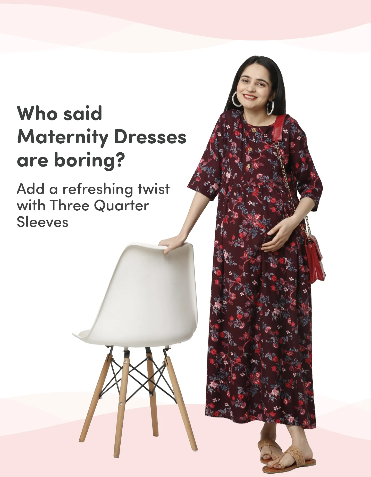 Pre & Post Maternity /Nursing Maxi Dress with both sides Zipper for Easy Feeding – Garden Flowers -Wine –XL