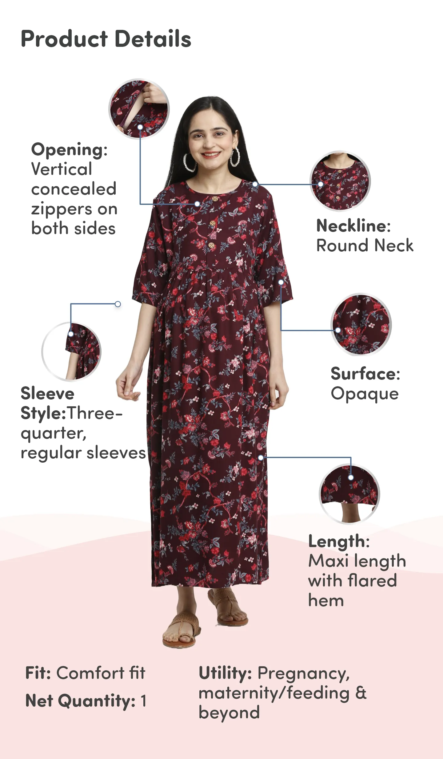 Pre & Post Maternity /Nursing Maxi Dress with both sides Zipper for Easy Feeding – Garden Flowers -Wine –XL