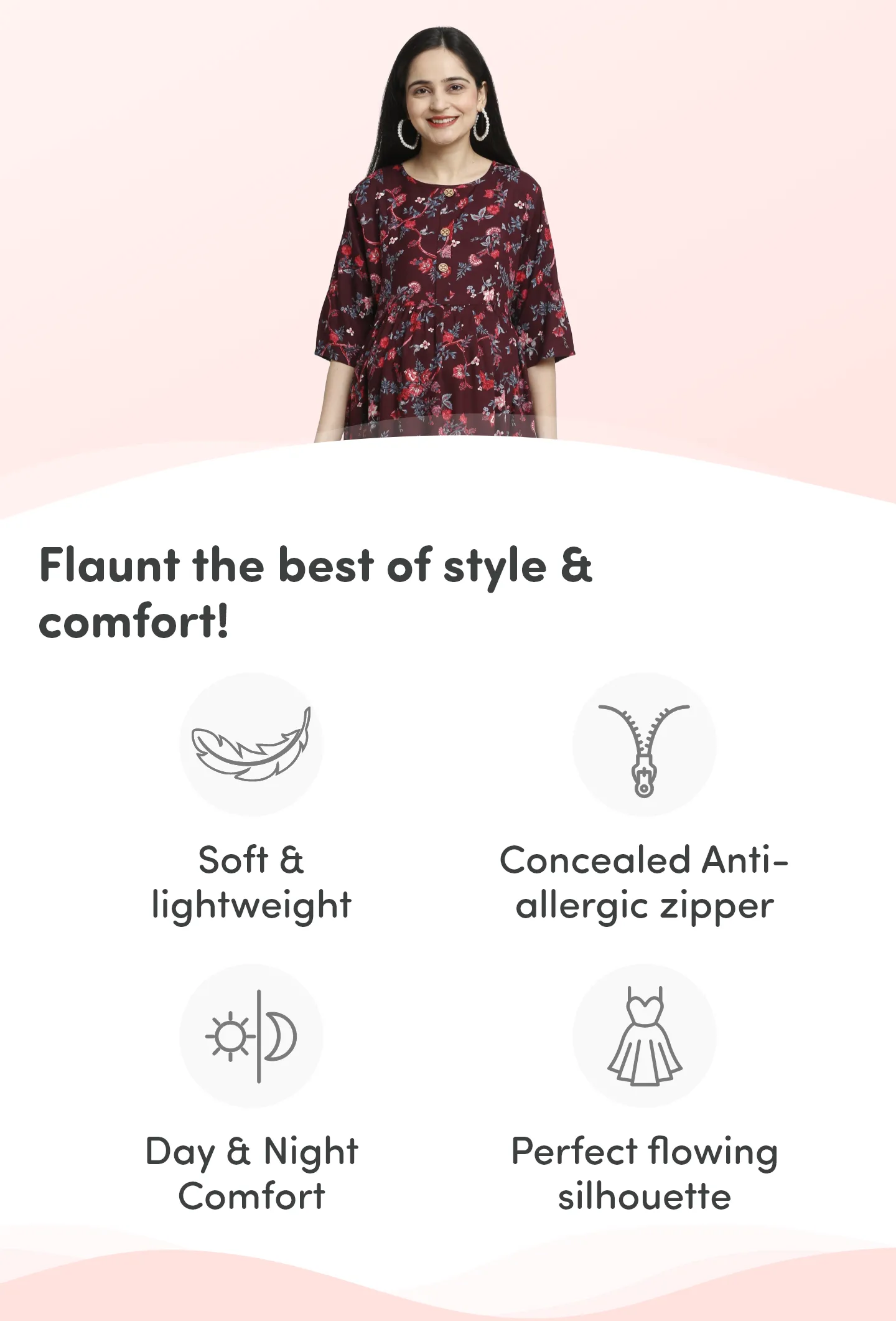 Pre & Post Maternity /Nursing Maxi Dress with both sides Zipper for Easy Feeding – Garden Flowers -Wine –XL