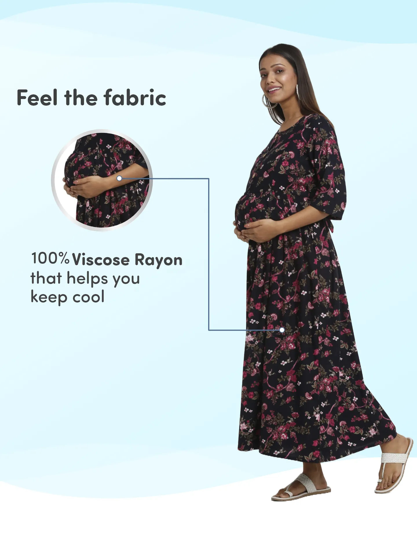 Pre & Post Maternity /Nursing Maxi Dress with both sides Zipper for Easy Feeding – Garden Flowers -Navy –M