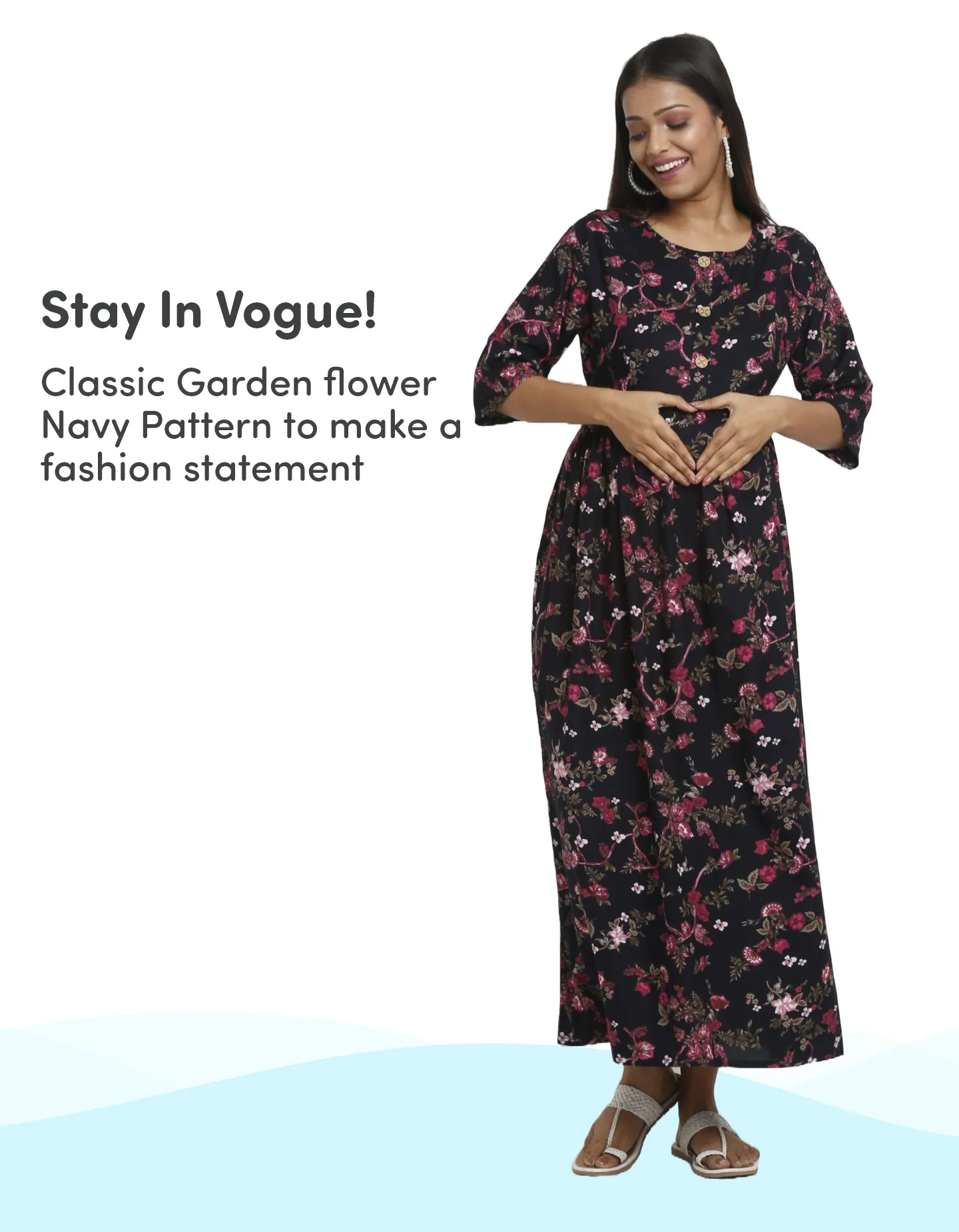 Pre & Post Maternity /Nursing Maxi Dress with both sides Zipper for Easy Feeding – Garden Flowers -Navy –M