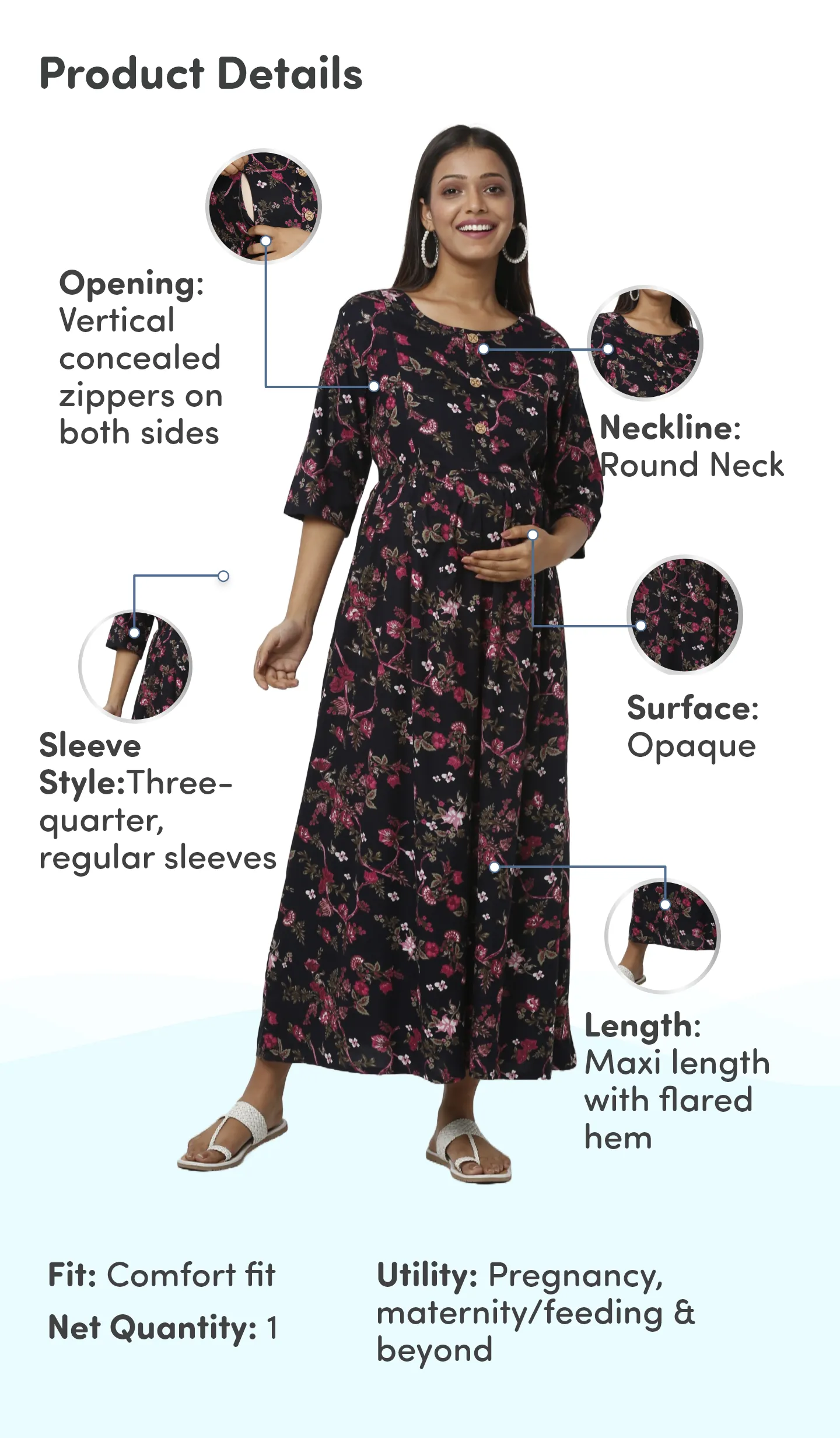 Pre & Post Maternity /Nursing Maxi Dress with both sides Zipper for Easy Feeding – Garden Flowers -Navy –M