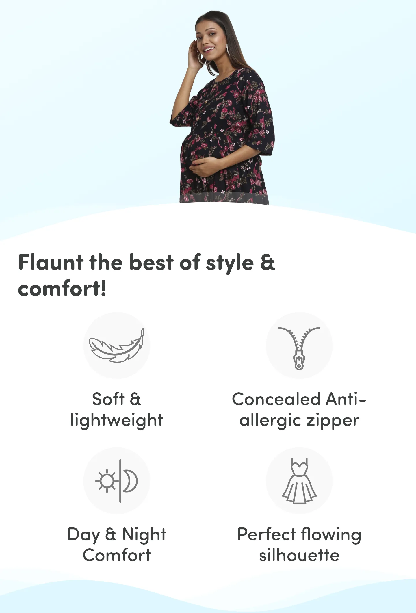 Pre & Post Maternity /Nursing Maxi Dress with both sides Zipper for Easy Feeding – Garden Flowers -Navy –M