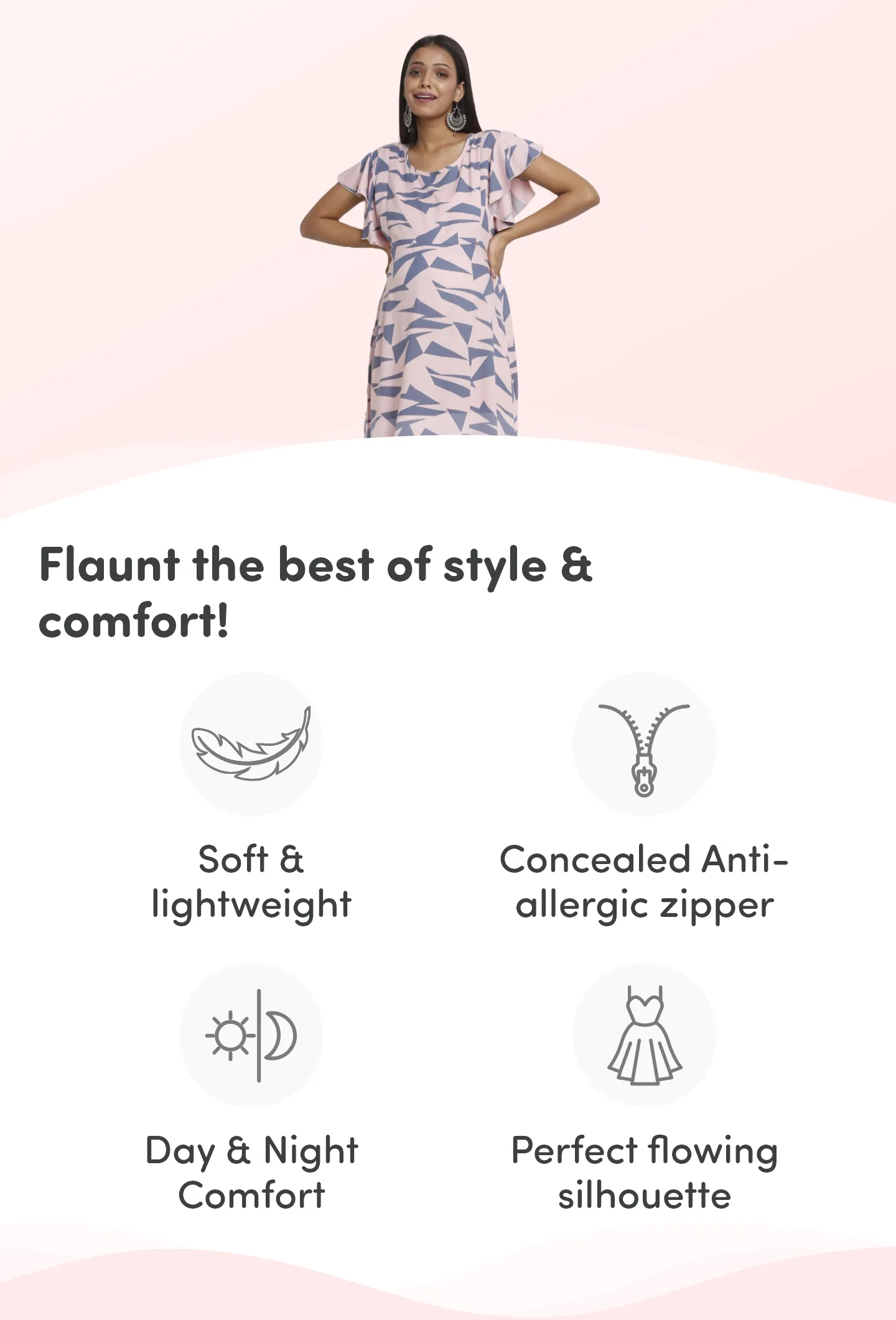 Pre & Post Maternity /Nursing Maxi Dress with both sides Zipper for Easy Feeding – Geometric Pink–L 