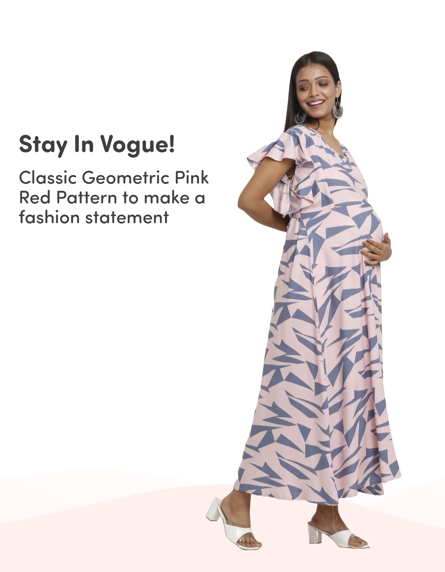 Pre & Post Maternity /Nursing Maxi Dress with both sides Zipper for Easy Feeding – Geometric Pink–L 