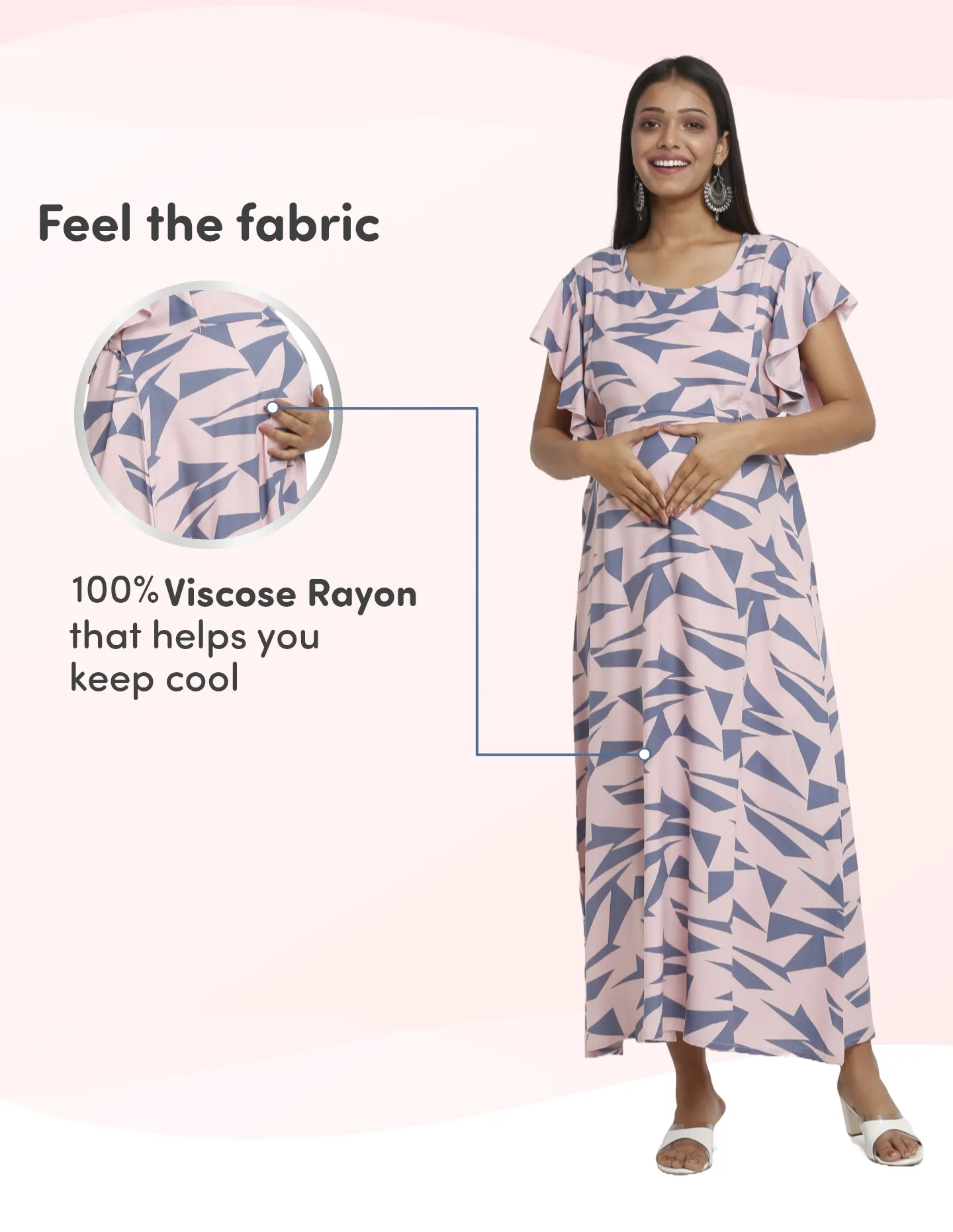 Pre & Post Maternity /Nursing Maxi Dress with both sides Zipper for Easy Feeding – Geometric Pink–XL