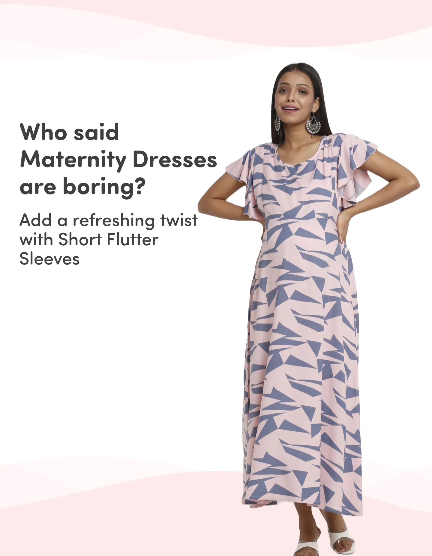 Pre & Post Maternity /Nursing Maxi Dress with both sides Zipper for Easy Feeding – Geometric Pink–XL