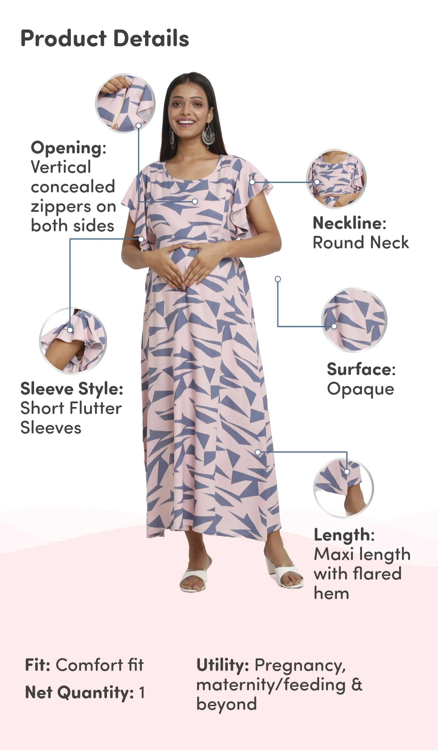 Pre & Post Maternity /Nursing Maxi Dress with both sides Zipper for Easy Feeding – Geometric Pink–XL
