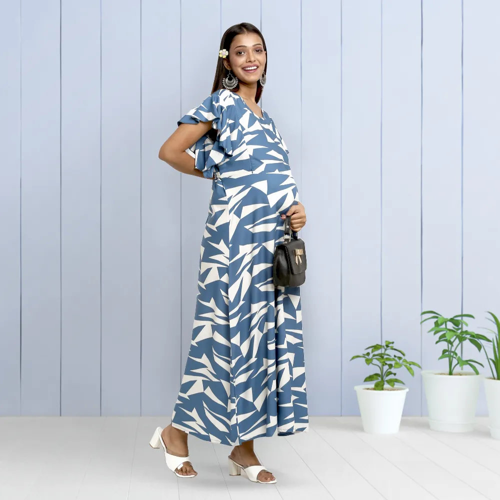 Pre & Post Maternity /Nursing Maxi Dress with both sides Zipper for Easy Feeding – Geometric Blue–XL