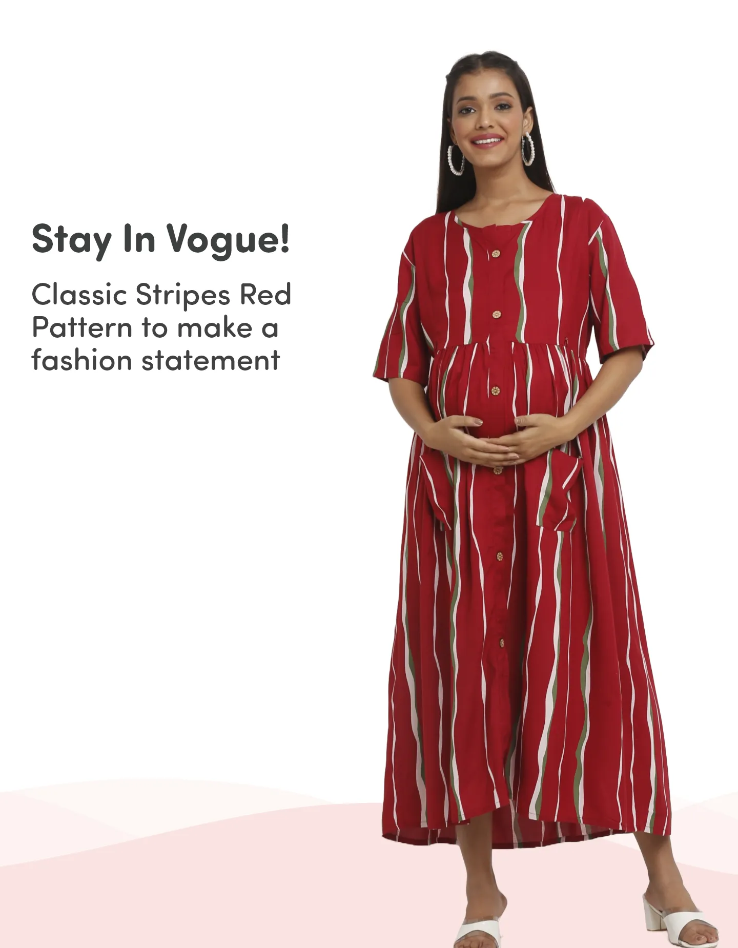 Pre & Post Maternity /Nursing Midi Dress with both sides Zipper for Easy Feeding - Stripes - Red - L