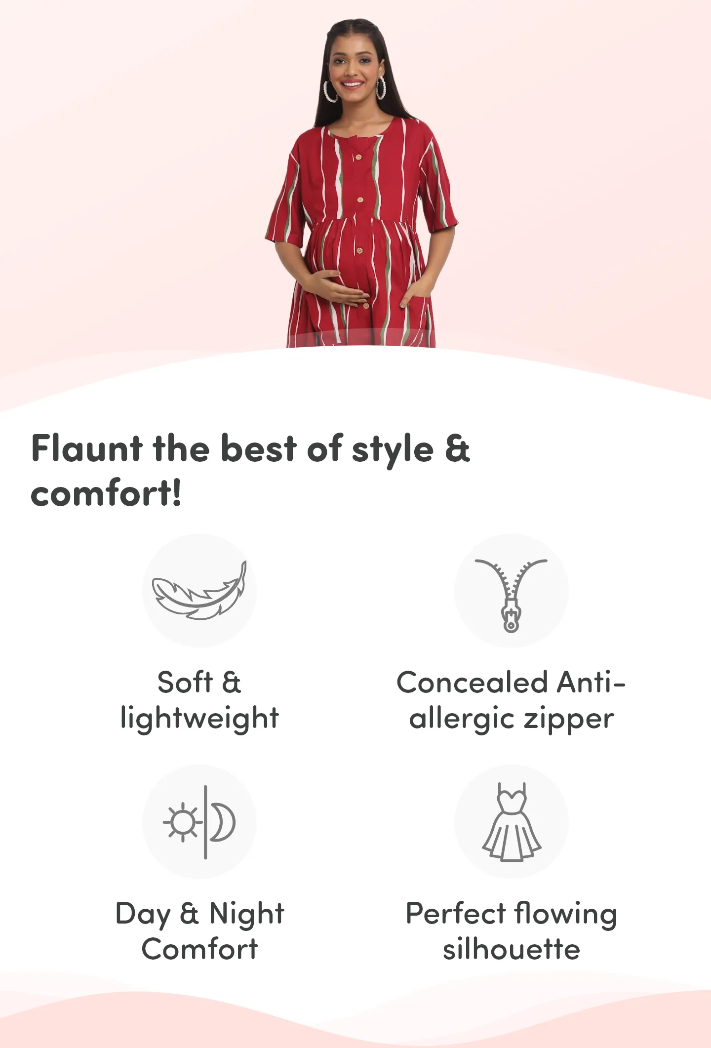 Pre & Post Maternity /Nursing Midi Dress with both sides Zipper for Easy Feeding - Stripes - Red - L