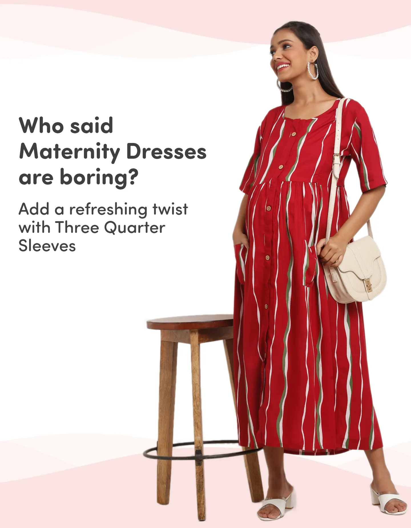 Pre & Post Maternity /Nursing Midi Dress with both sides Zipper for Easy Feeding - Stripes - Red - XL