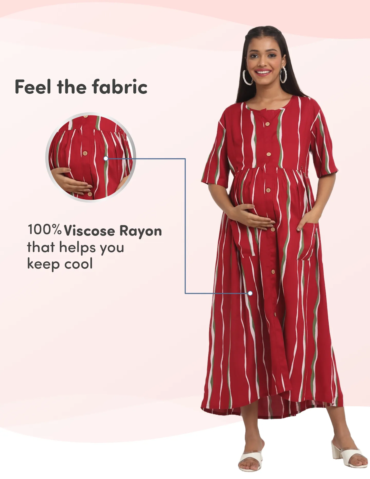 Pre & Post Maternity /Nursing Midi Dress with both sides Zipper for Easy Feeding - Stripes - Red - XXL