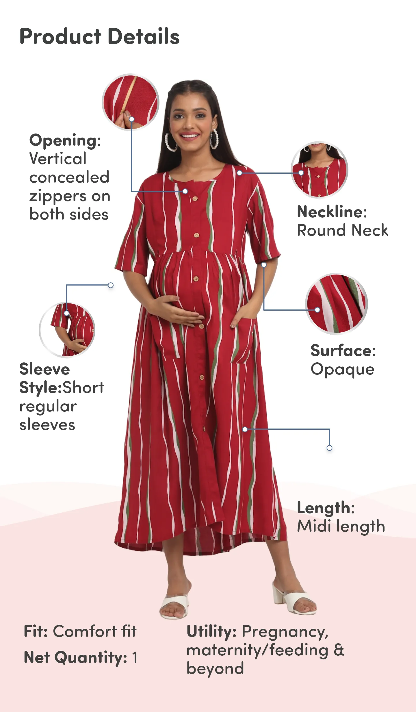 Pre & Post Maternity /Nursing Midi Dress with both sides Zipper for Easy Feeding - Stripes - Red - XXL