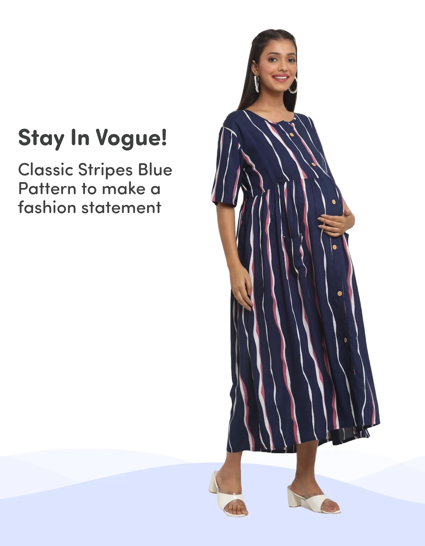 Pre & Post Maternity /Nursing Midi Dress with both sides Zipper for Easy Feeding - Stripes - Dark Blue - M