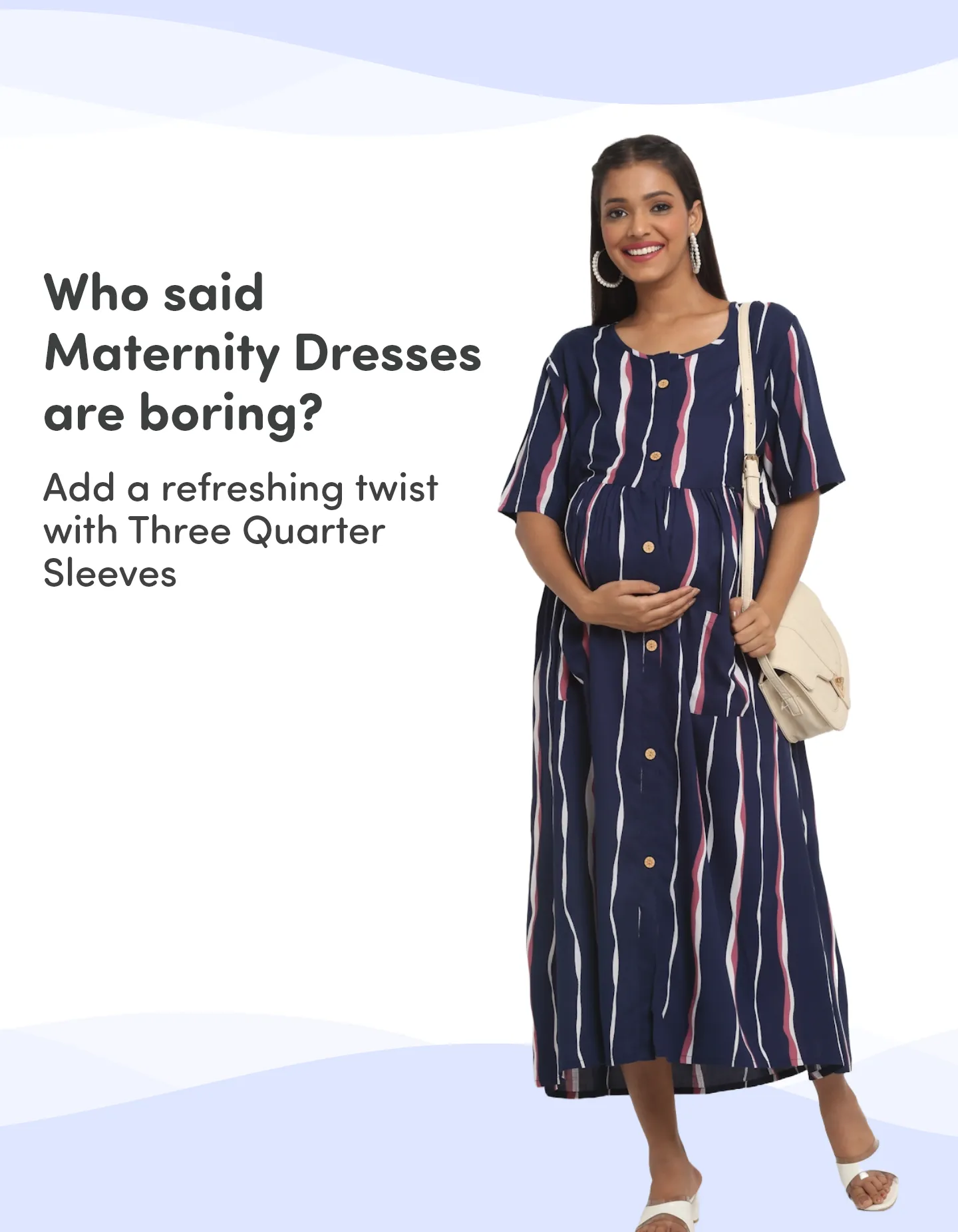 Pre & Post Maternity /Nursing Midi Dress with both sides Zipper for Easy Feeding - Stripes - Dark Blue - M
