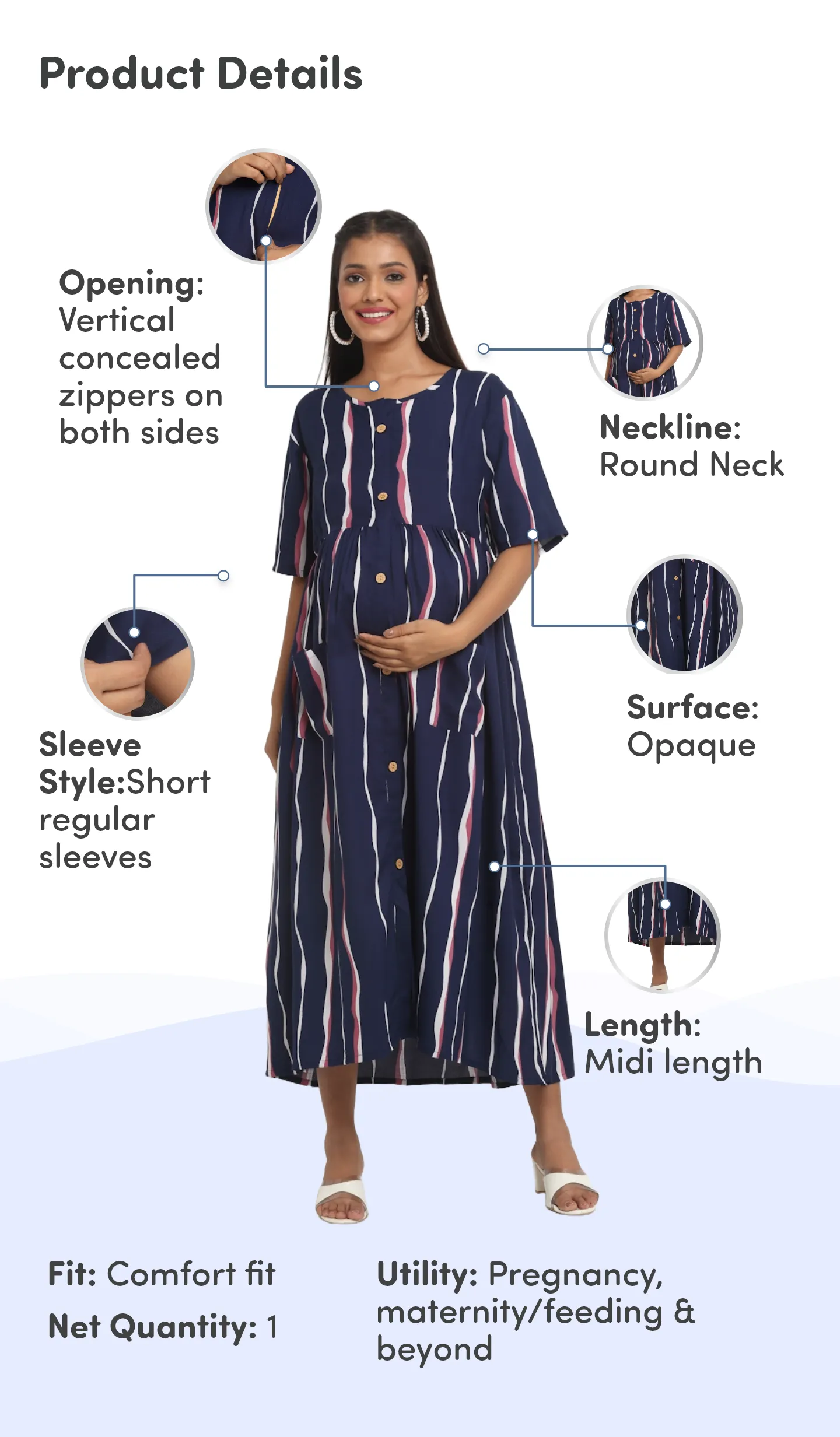 Pre & Post Maternity /Nursing Midi Dress with both sides Zipper for Easy Feeding - Stripes - Dark Blue - M