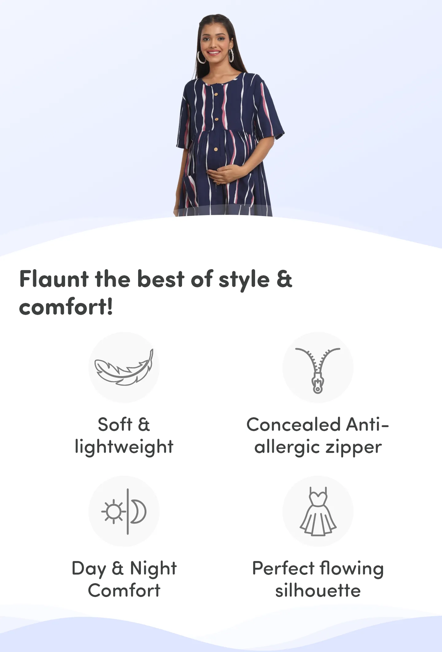 Pre & Post Maternity /Nursing Midi Dress with both sides Zipper for Easy Feeding - Stripes - Dark Blue - M