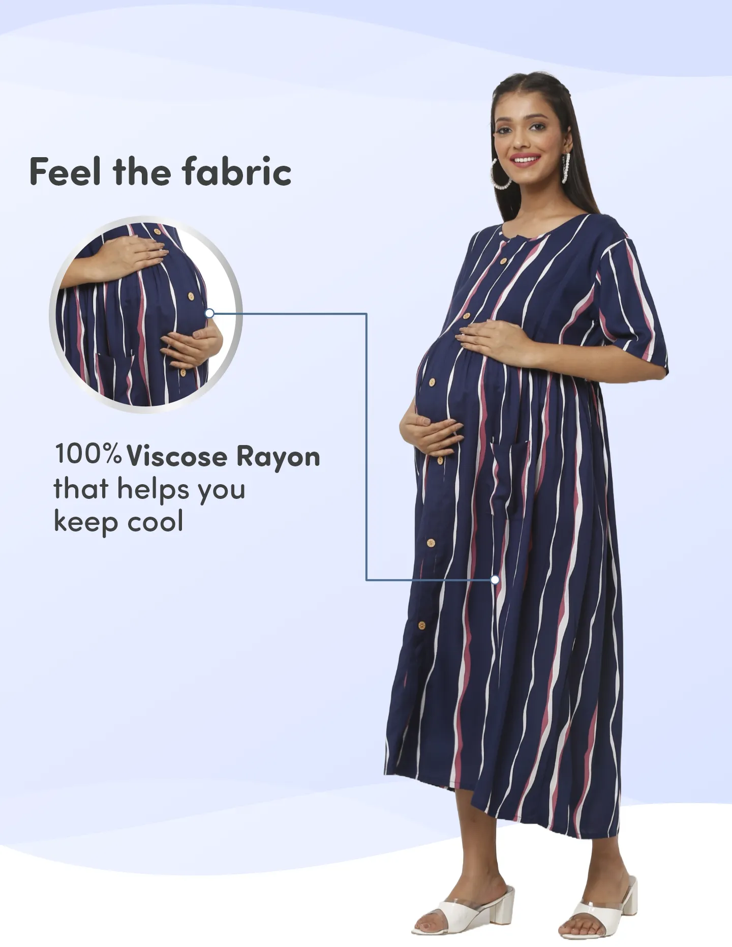 Pre & Post Maternity /Nursing Midi Dress with both sides Zipper for Easy Feeding - Stripes - Dark Blue - XL