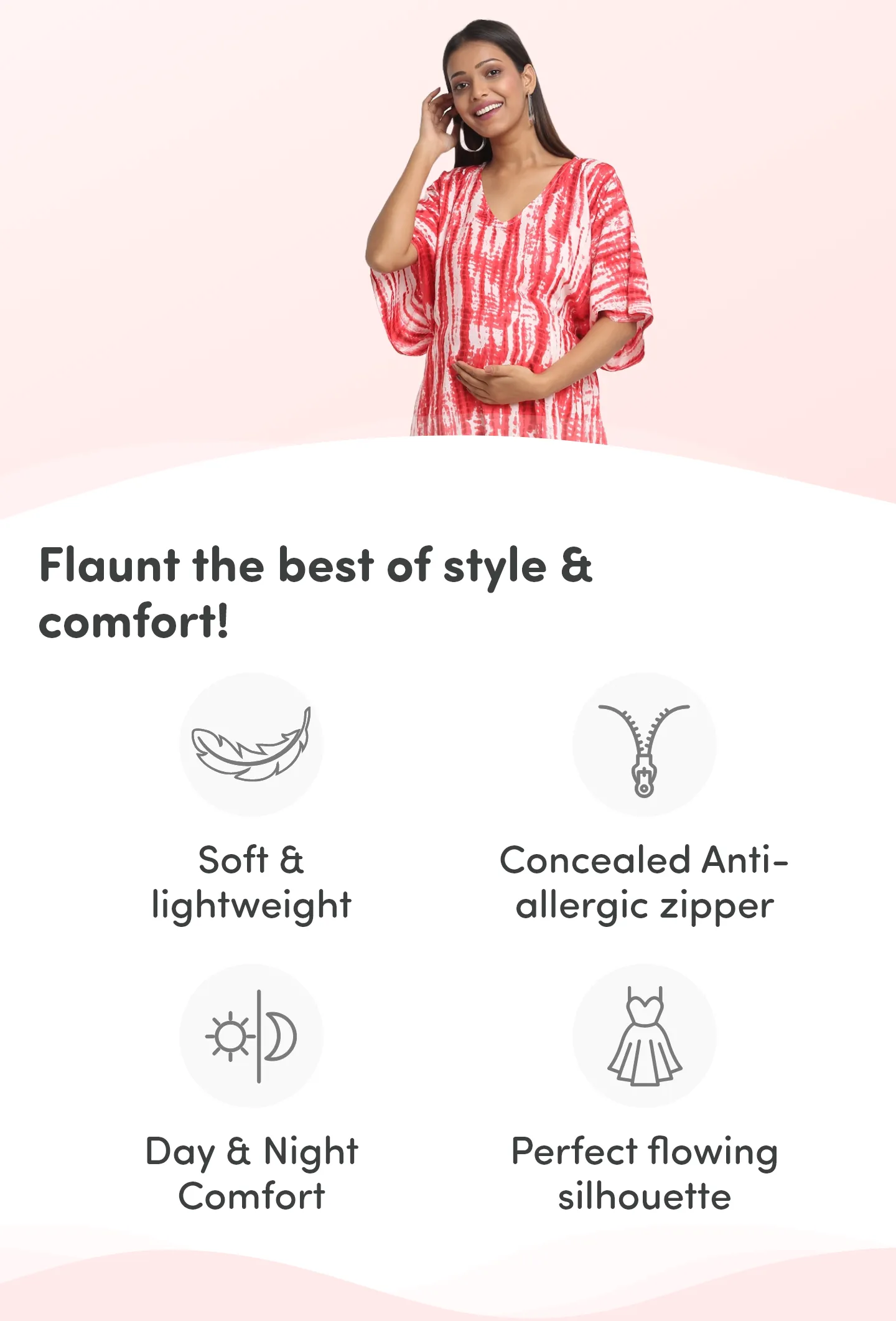 Pre & Post Maternity /Nursing Kaftan Maxi Dress cum Nighty with Zipper for Easy Feeding – Shibori Print -Fuchsia–XL