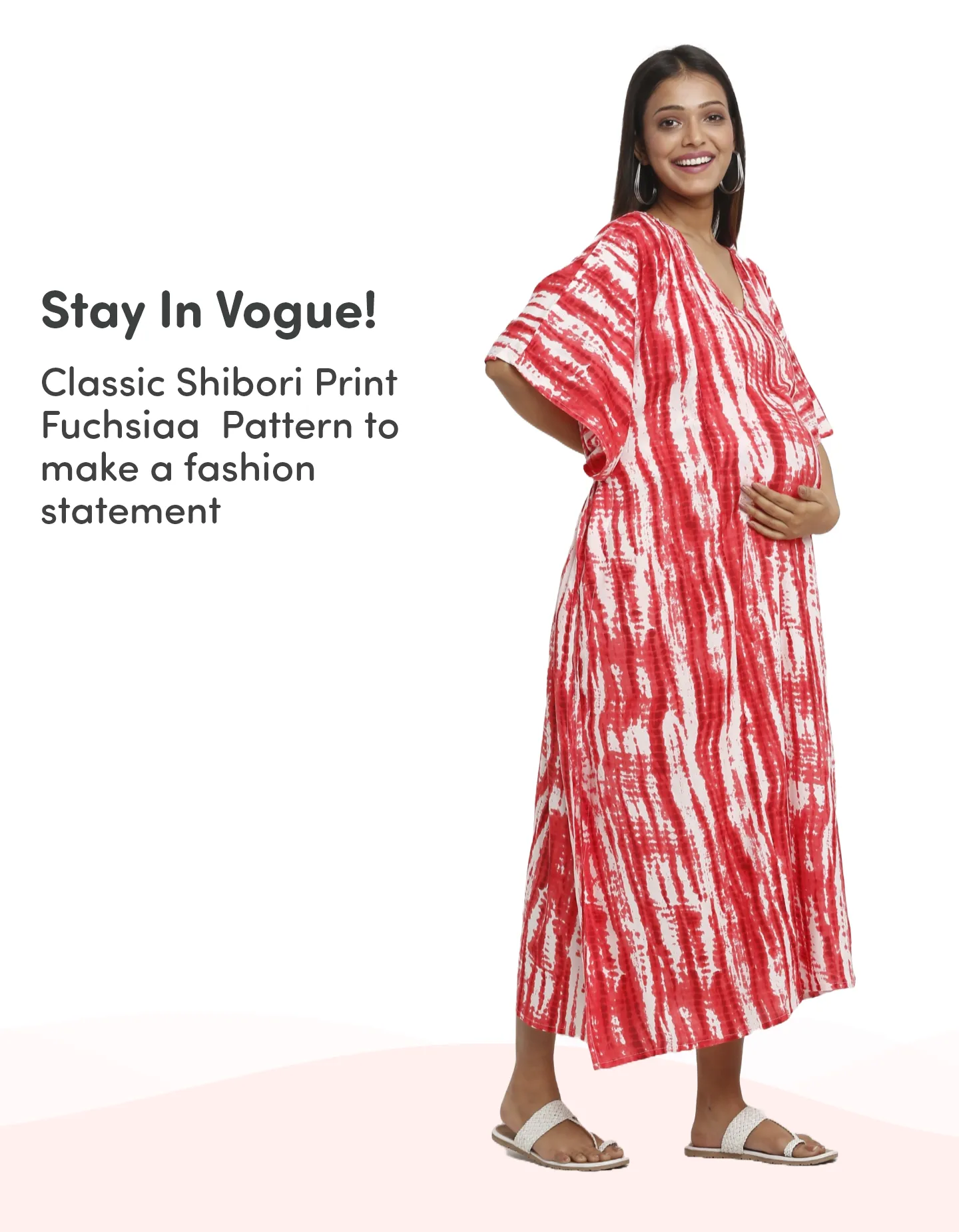 Pre & Post Maternity /Nursing Kaftan Maxi Dress cum Nighty with Zipper for Easy Feeding – Shibori Print -Fuchsia–XL